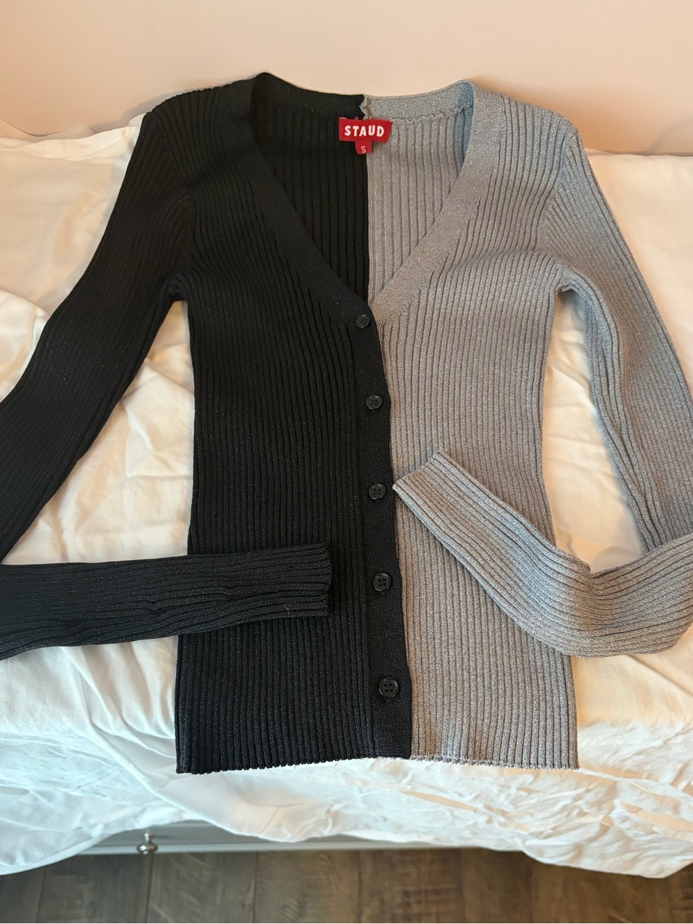 STAUD Two-Tone Ribbed V-Neck Cardigan - Black & Gray